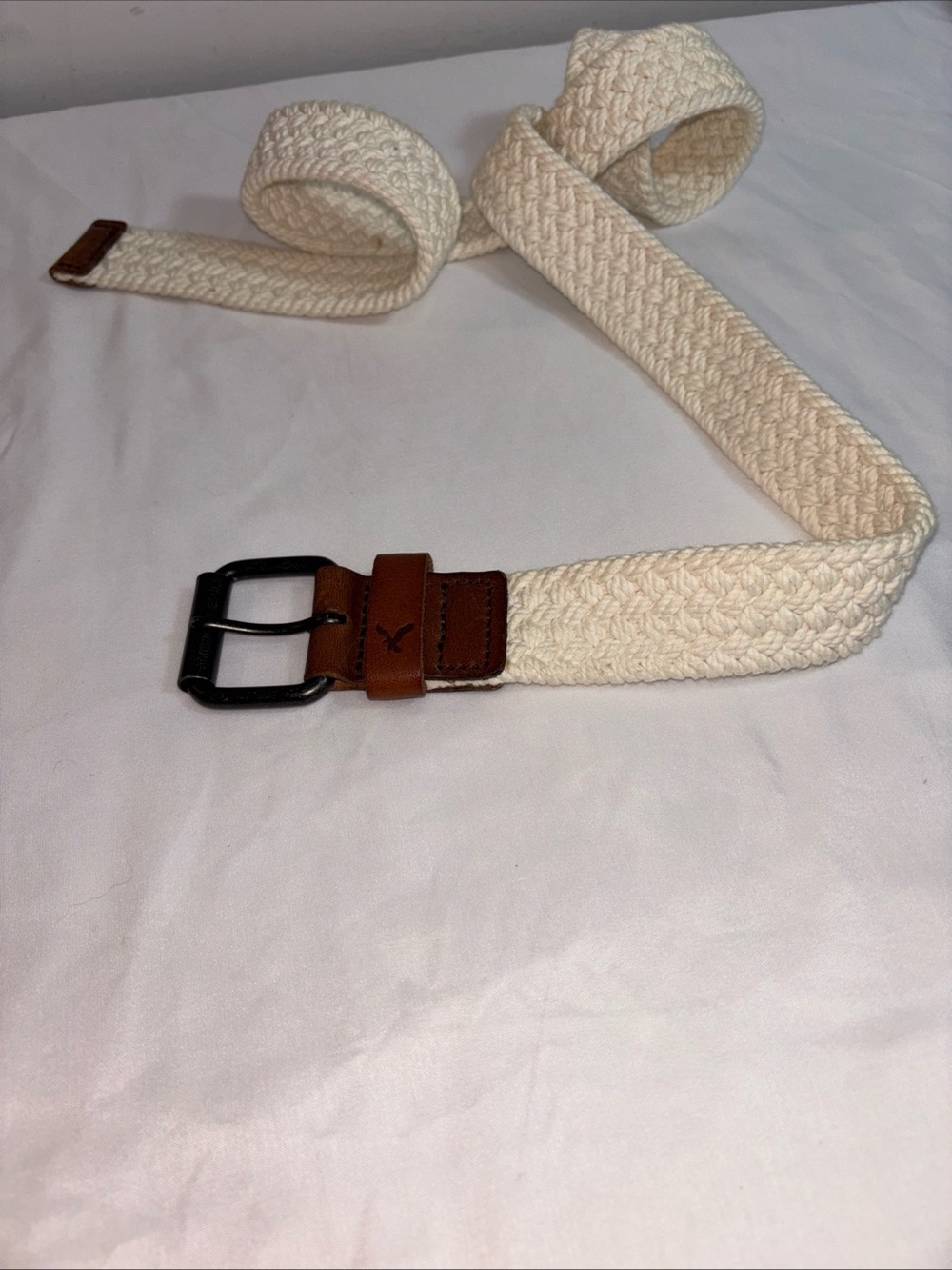 American Eagle Men's Woven Cream Braided Belt with Brown Leather Trim. 883